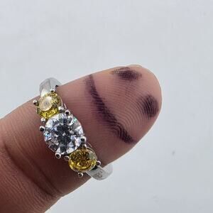 925 Sterling Silver CZ Three Stone Ring Size 8.75 Clear Yellow Stones